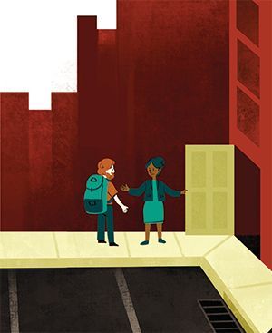 woman and man in backpack in front of a buliding